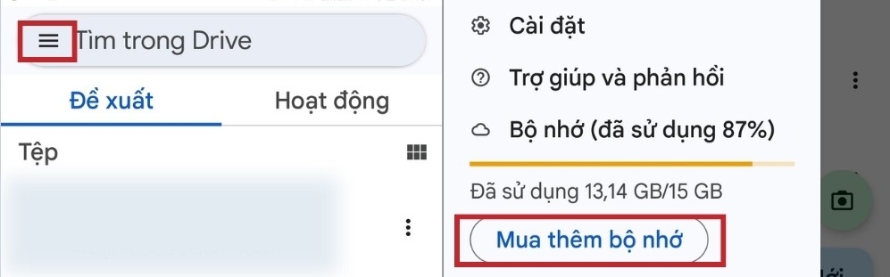 Nhấn chọn Mua thêm bộ nhớ