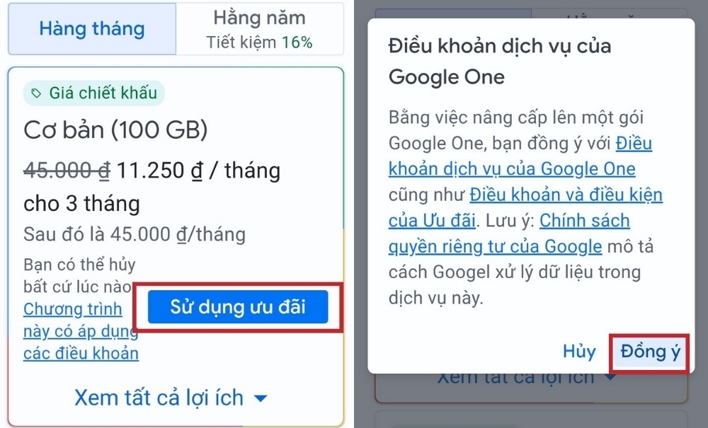 Chọn gói dung lượng mong muốn