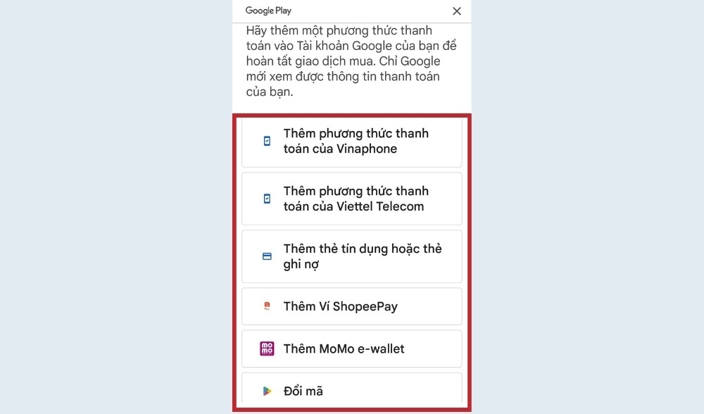 Chọn phương thức thanh toán để mua dung lượng Google Drive
