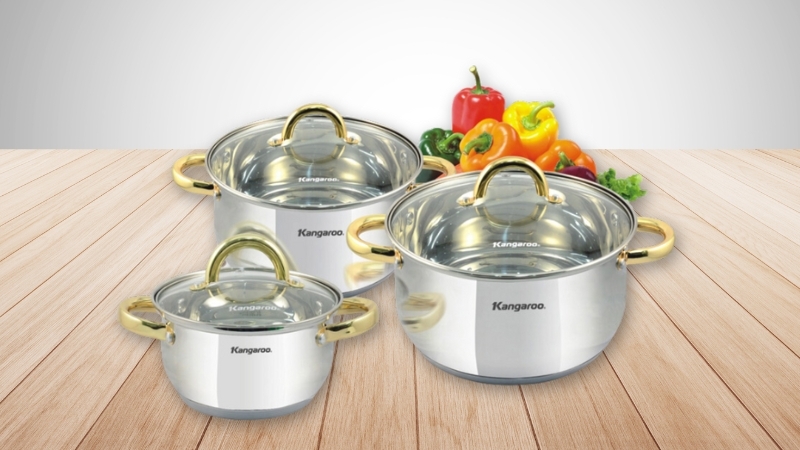 Bộ nồi inox 3 chiếc 5 đáy nắp kính Kangaroo KG865