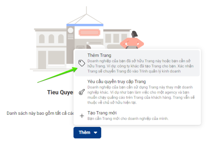 Chọn "Thêm trang" để thêm Fanpage hiện có vào tài khoản BM Facebook.