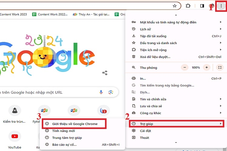 Chọn Trợ giúp và click vào Giới thiệu về Google Chrome