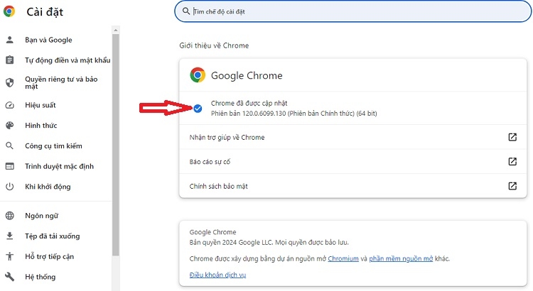 Phiên bản Chrome đang dùng là mới nhất sẽ có dấu tích xanh