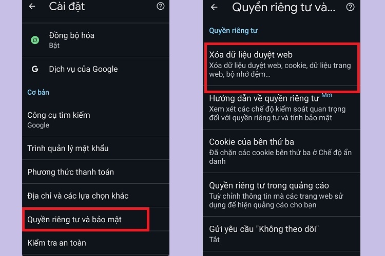 Chọn Quyền riêng tư và bảo mật rồi nhấn Xoá dữ liệu duyệt web