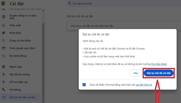 Nhấn vào Đặt lại chế độ cài đặt