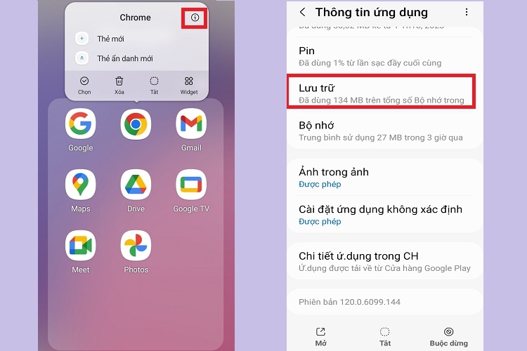 Chọn Lưu trữ trong mục Thông tin ứng dụng