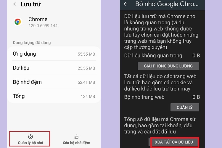 Nhấn Quản lý bộ nhớ và chọn Xoá tất cả dữ liệu