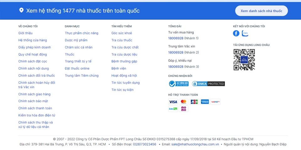 Footer website chứa nhiều thông tin quan trọng để khách hàng có thể tương tác, liên hệ với doanh nghiệp khi có nhu cầu.