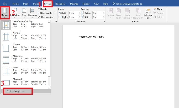 Chọn Margins rồi nhấn vào Custom Margin