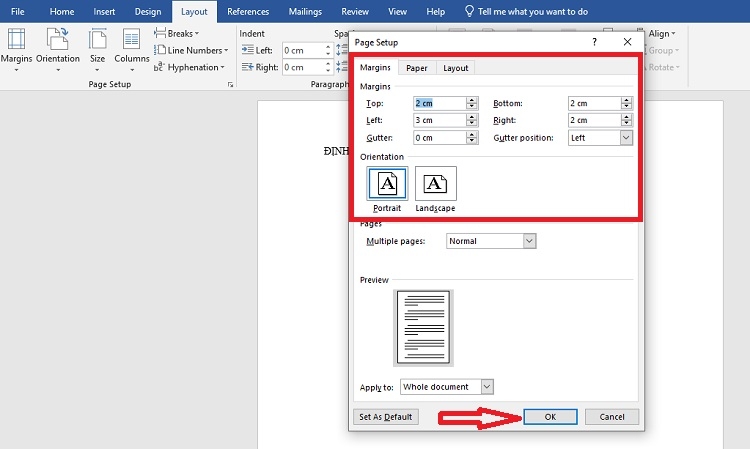 Căn chỉnh lề rồi nhấn OK