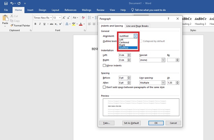 Căn lề tại mục Alignment