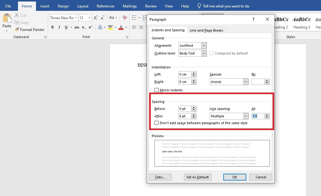 Thiết lập độ thụt của dòng văn tại mục Special