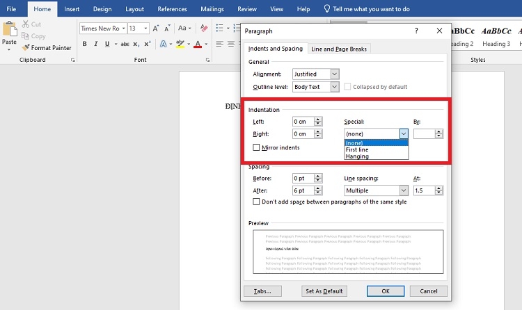 Chỉnh khoảng cách giữa các đoạn văn tại mục Spacing