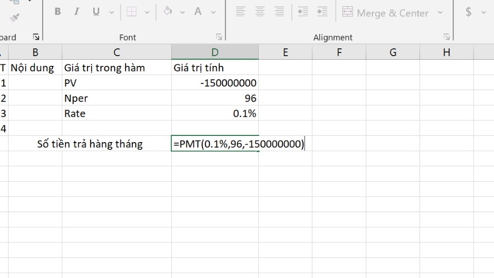 Nhập công thức: = PMT(0.1%,96,-150000000)