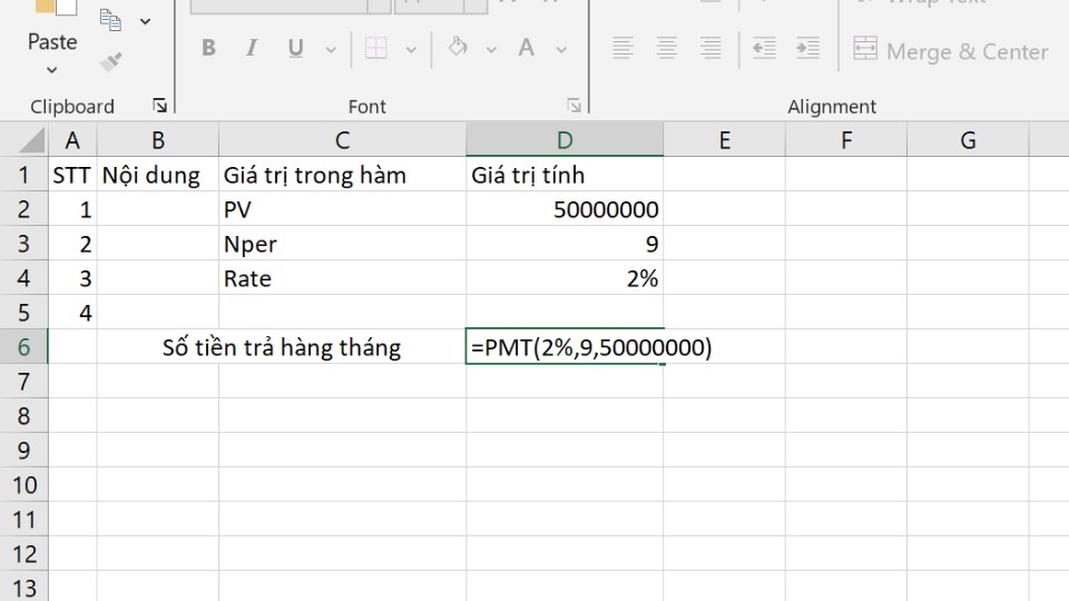 Nhập hàm = PMT(2%, 9,-50000000)