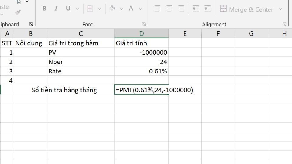 Nhập công thức =PV(0.61%,24,-1000000)