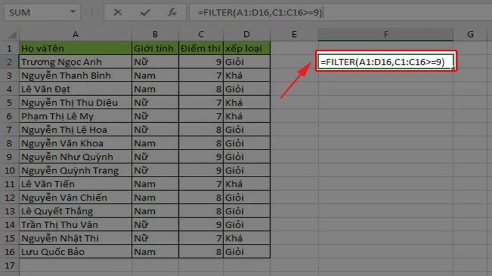 Nhập hàm lọc Filter có điều kiện trong Excel