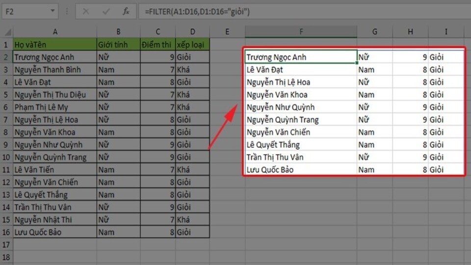 Nhấn Enter để nhận dữ liệu đã được lọc