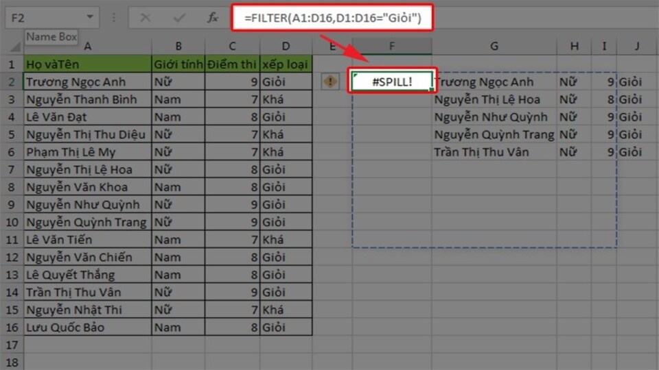 Lỗi #SPILL! xảy ra khi vùng dữ liệu sai