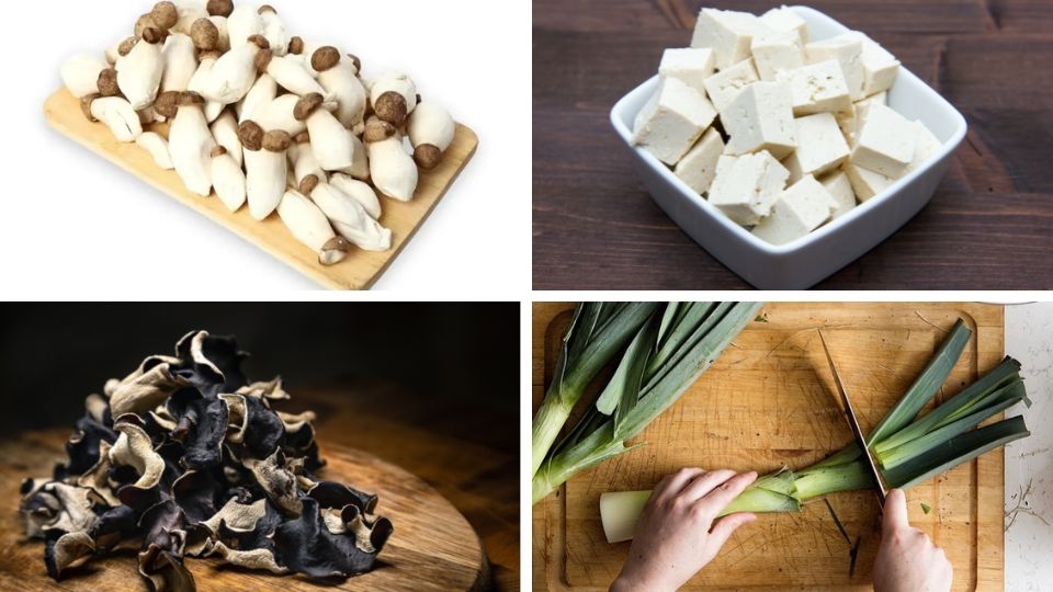 Nguyên liệu làm món nấm đùi gà cuộn đậu hũ kho tiêu