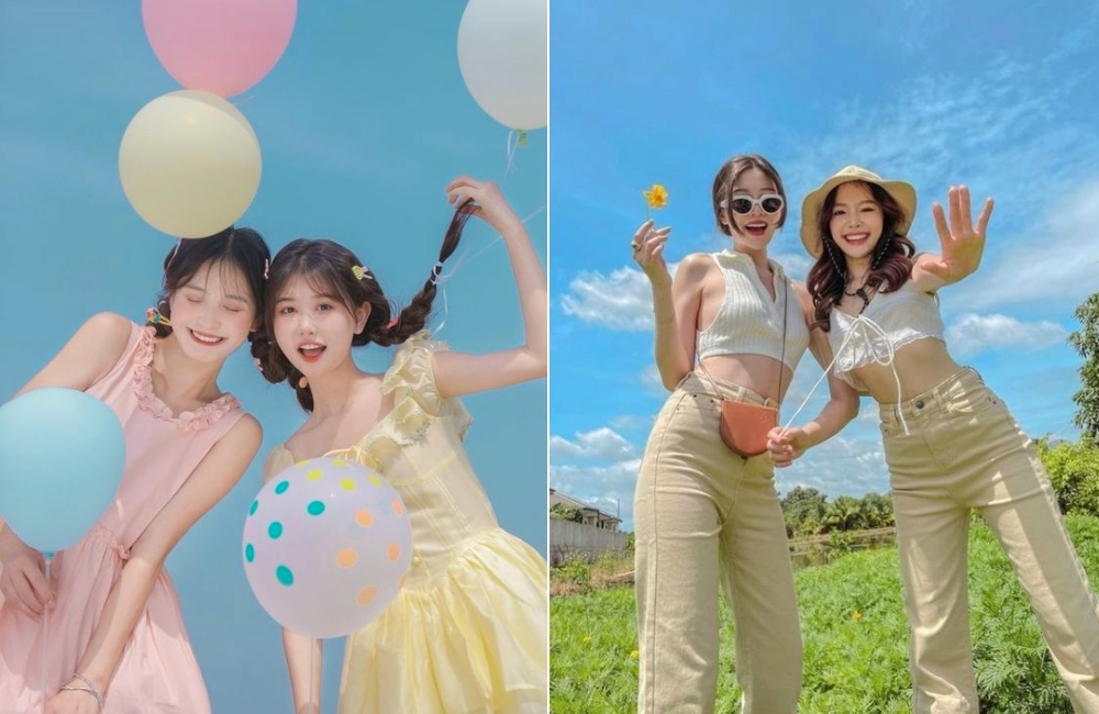 Tạo dáng chụp ảnh 2 người nữ cười tươi cùng nhau