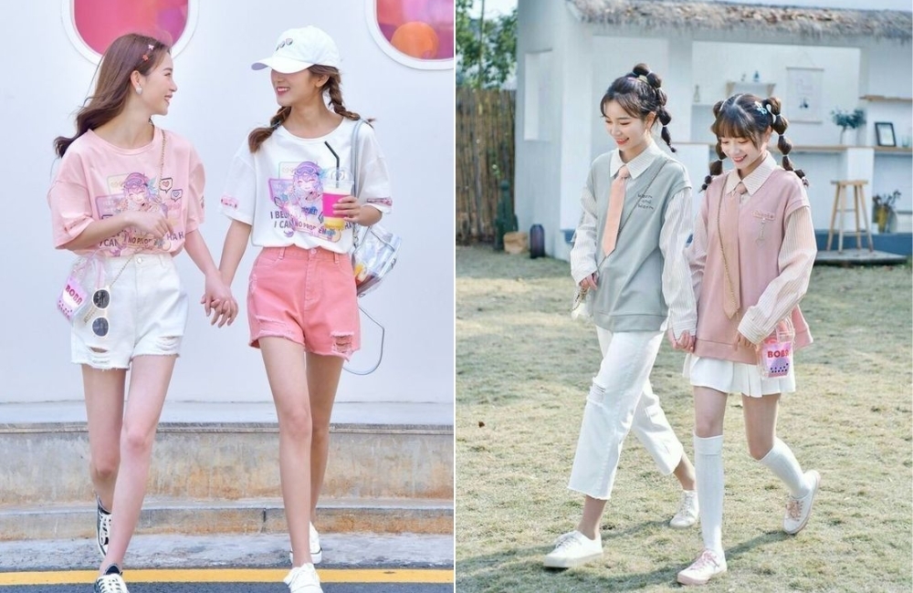 Tạo dáng chụp ảnh 2 người nữ nắm tay cùng bước đi