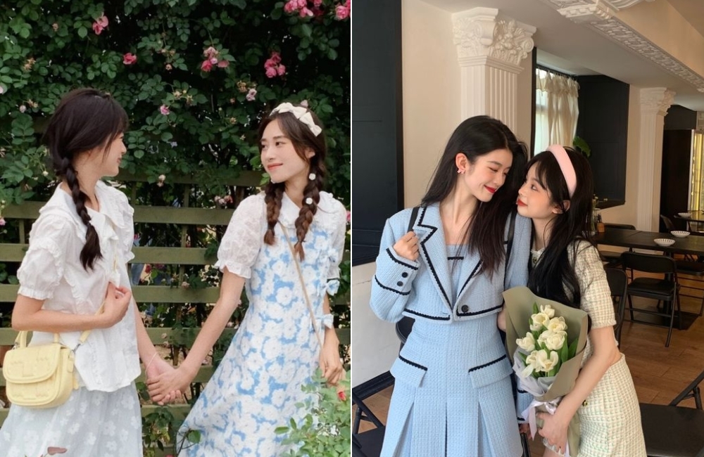 Tạo dáng chụp ảnh 2 người nữ quay mặt về phía nhau