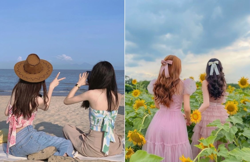 Tạo dáng chụp ảnh 2 người nữ từ sau lưng