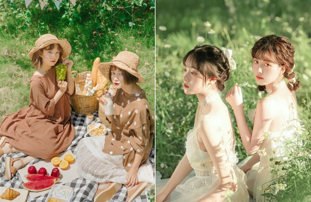 Tạo dáng chụp ảnh 2 người nữ ngồi suy tư