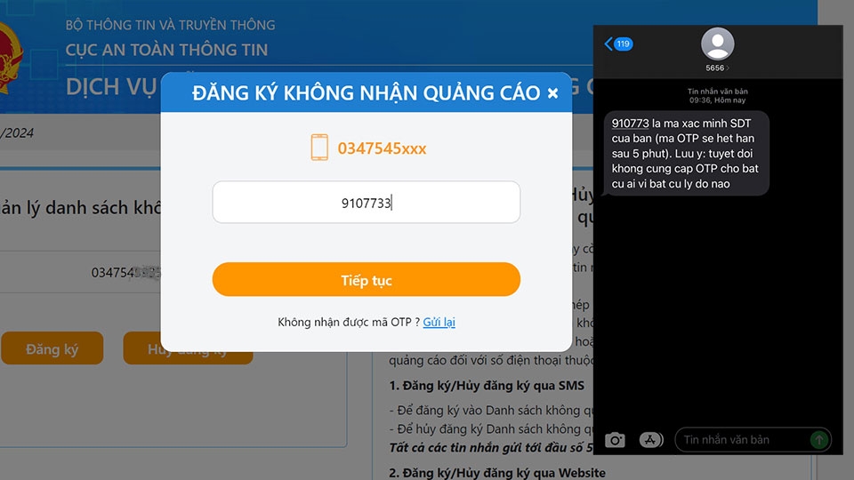 Nhập mã OTP vào trang web