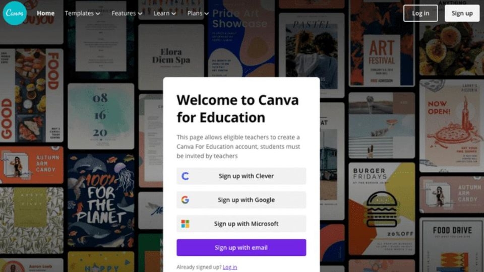 Truy cập vào trang "Canva For Education, chọn Sign up with email