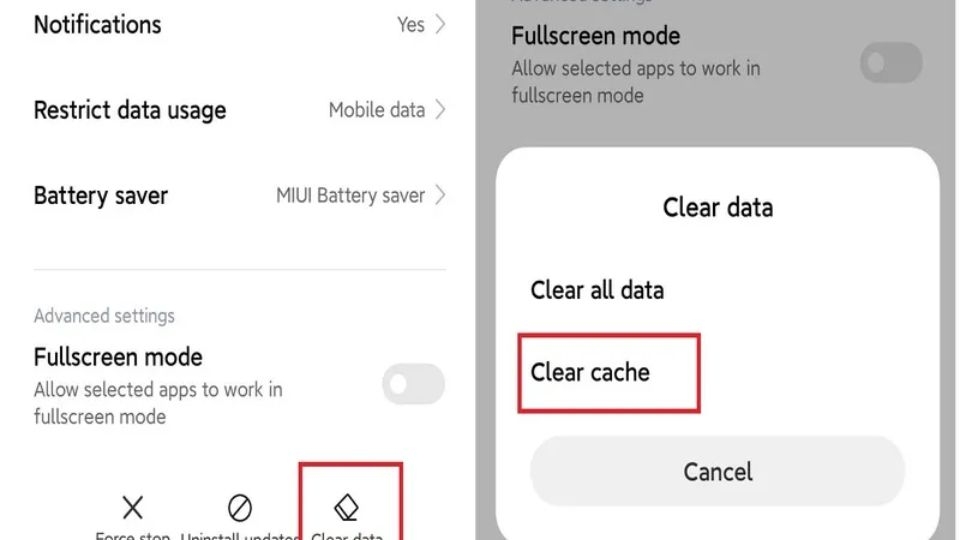 Chọn “Clear data” > “Clear Cache”.