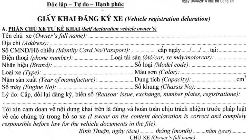 Bước 2: Điền các thông tin cần thiết trong giấy tờ đăng ký xe