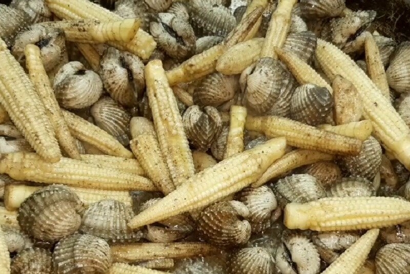 Xào sò huyết với bắp non