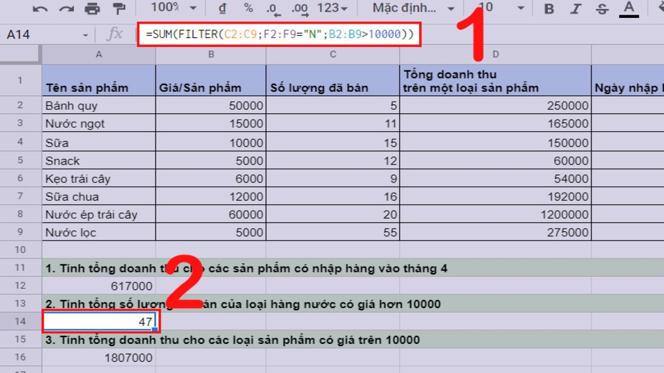 Lọc dữ liệu theo điều kiện so sánh chữ và tính tổng