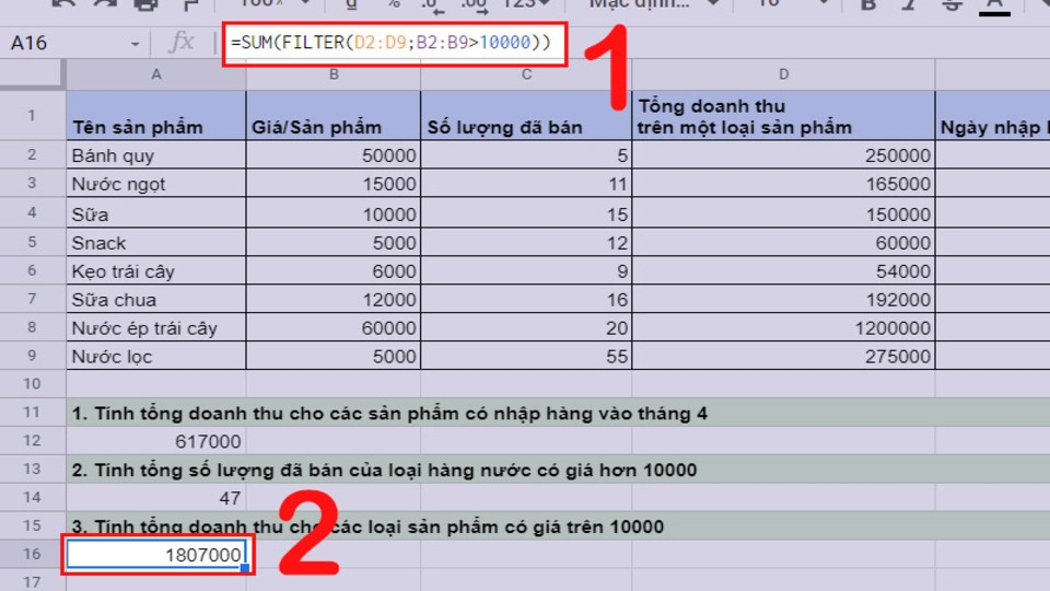 Lọc dữ liệu theo điều kiện so sánh số và tính tổng