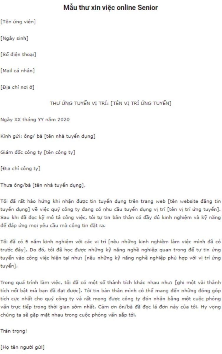 Mẫu Cover Letter online Senior