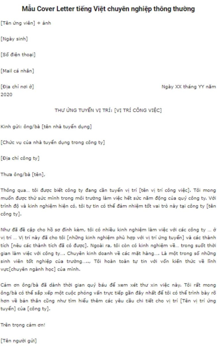 Mẫu Cover Letter phổ biến