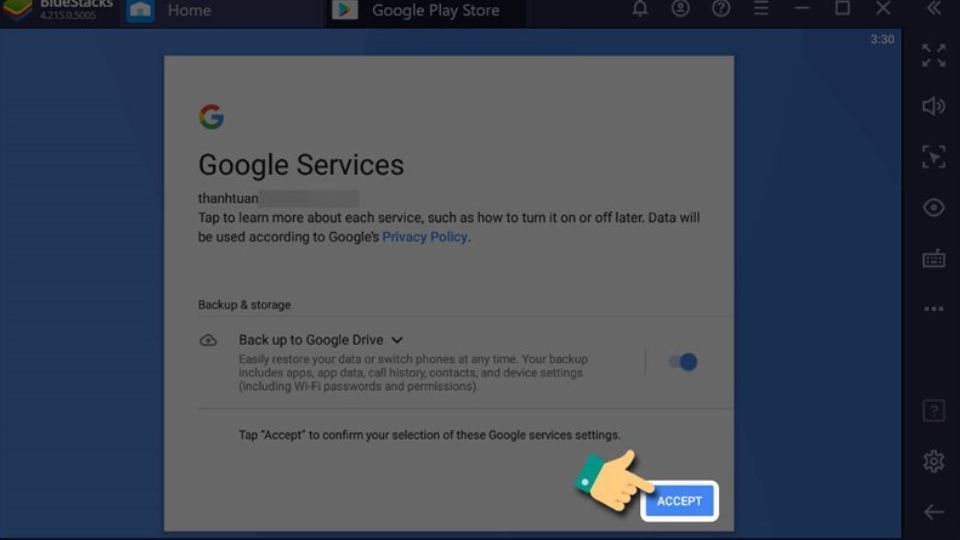 Bạn nhấn vào “Accept” để tiếp tục vào của hàng CH Play.
