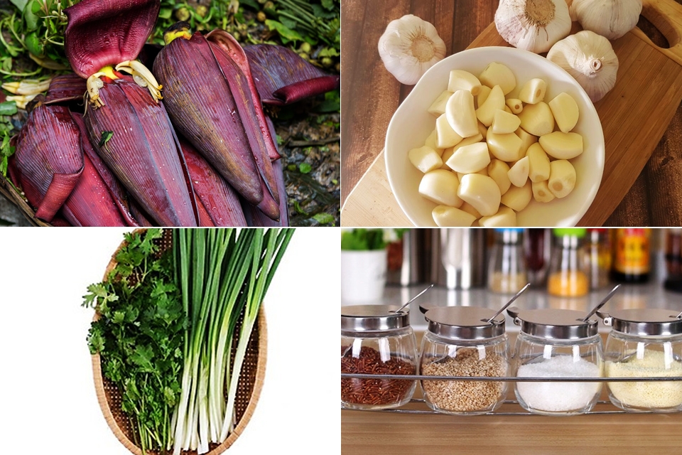 Nguyên liệu làm hoa chuối xào tỏi.