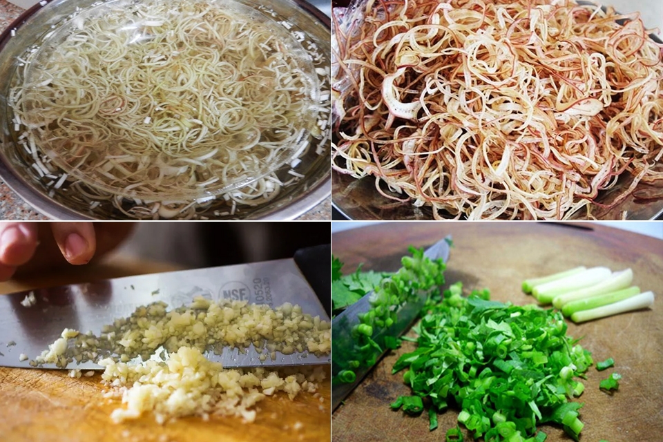 Sơ chế hoa chuối và các nguyên liệu khác.