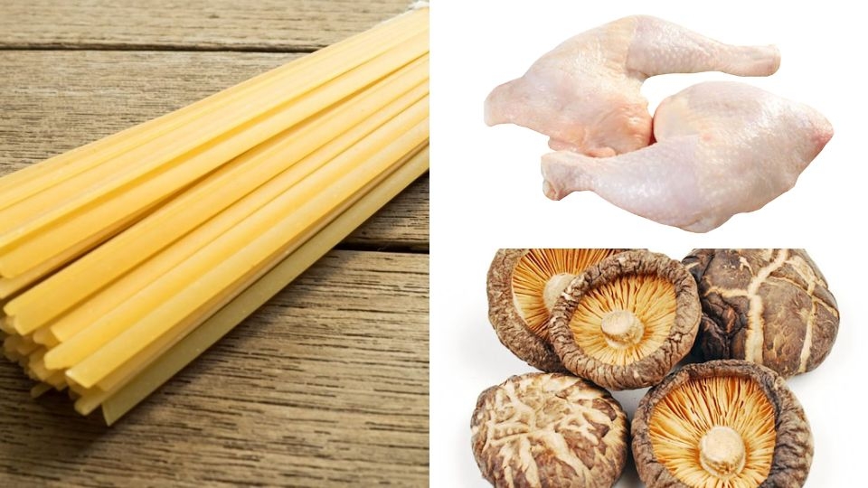 Nguyên liệu cho món mì xào gà nấm