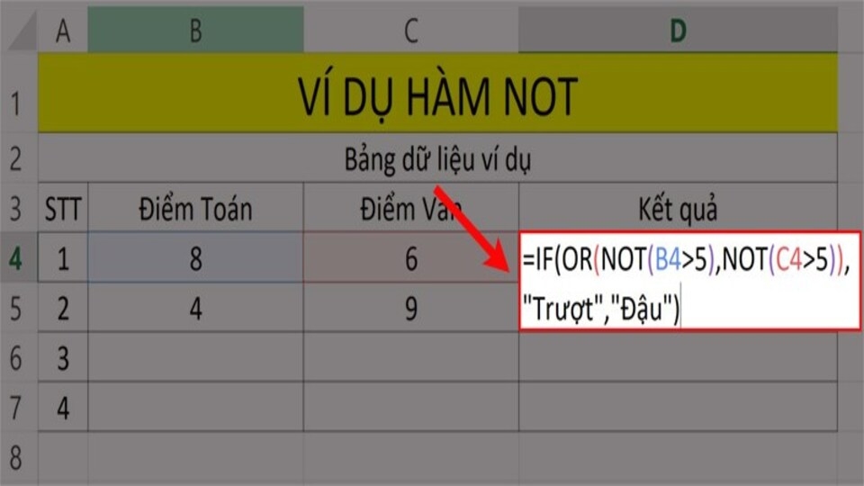Ví dụ minh họa kết hợp hàm NOT và OR