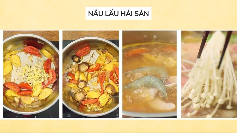 Phi thơm tỏi rồi cho dứa, cà chua, nấm, sả và gừng vào xào chín để nấu nước lẩu