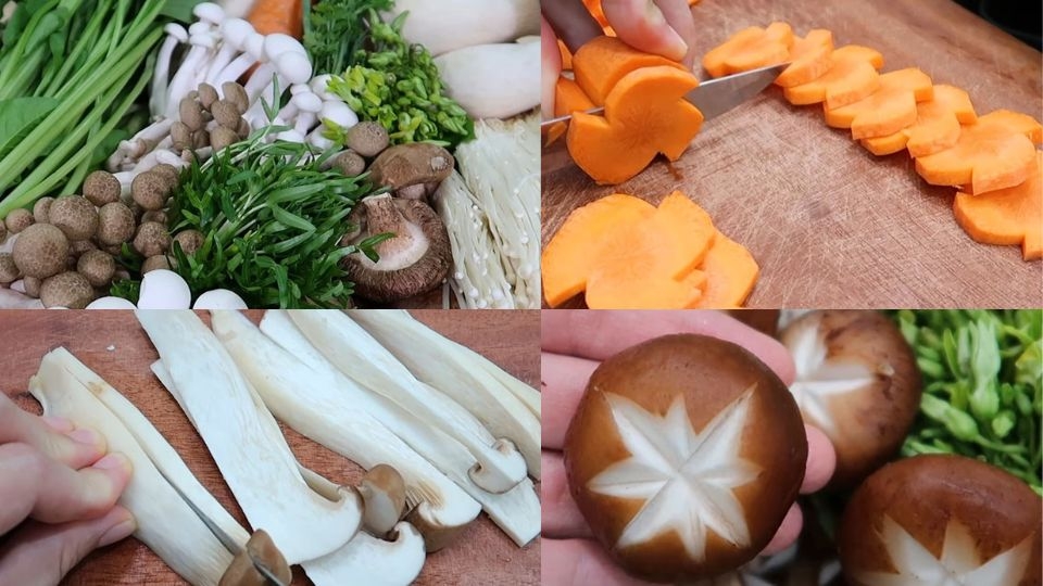 Sơ chế sẵn nấm và rau củ trước khi nấu lẩu