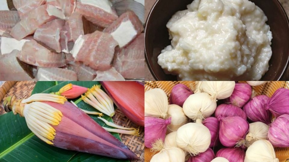 Cơm mẻ và hoa chuối là nguyên liệu cần thiết trong món lẩu cá đuối mẻ