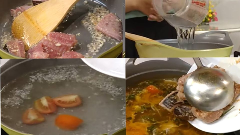 Nước lẩu sôi cho cá đã xào sơ vào