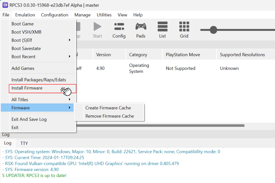 Chọn File > Install Firmware và chọn file PS3UPDAT490.PUP