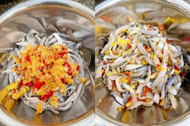 Làm tái chín cá trích bằng gừng, ớt và giấm