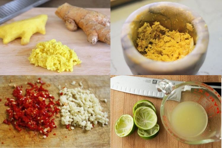 Băm, giã nhuyễn ớt tỏi, gừng, riềng